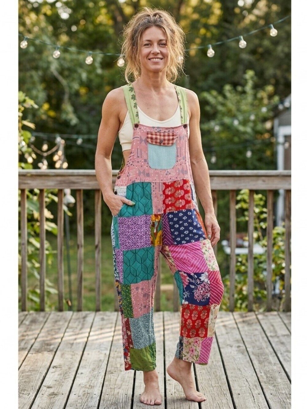 Boutique Boho Patchwork Overalls Free Size NWOT Hippie Festival Rayon One Size